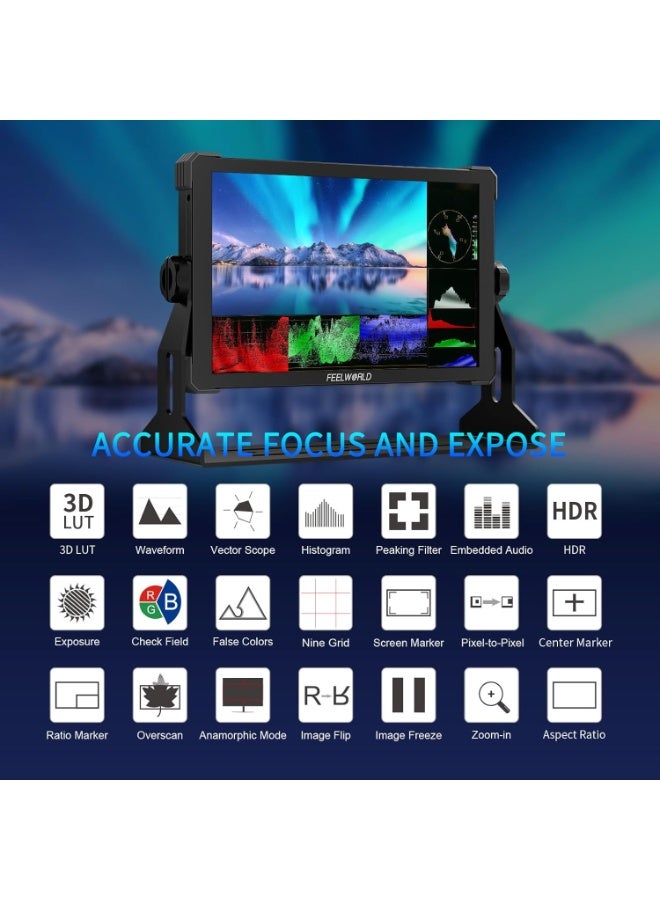 FEELWORLD T10 10.1 Inch Aluminium Camera Field DSLR Monitor Touchscreen Waveform HDR 3D LUT Out F970 Install and Power Kit - Image 5